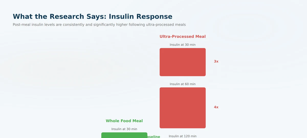 Bar chart comparing insulin response after consuming ultra-processed foods versus whole foods