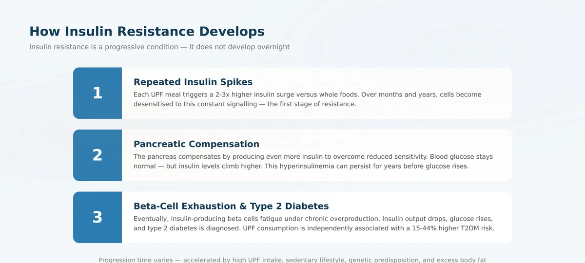 Three-step pathway diagram showing how ultra-processed foods lead to insulin resistance