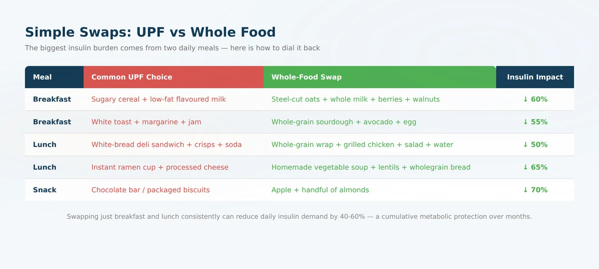 Comparison table showing whole food swaps for common ultra-processed breakfast and lunch choices