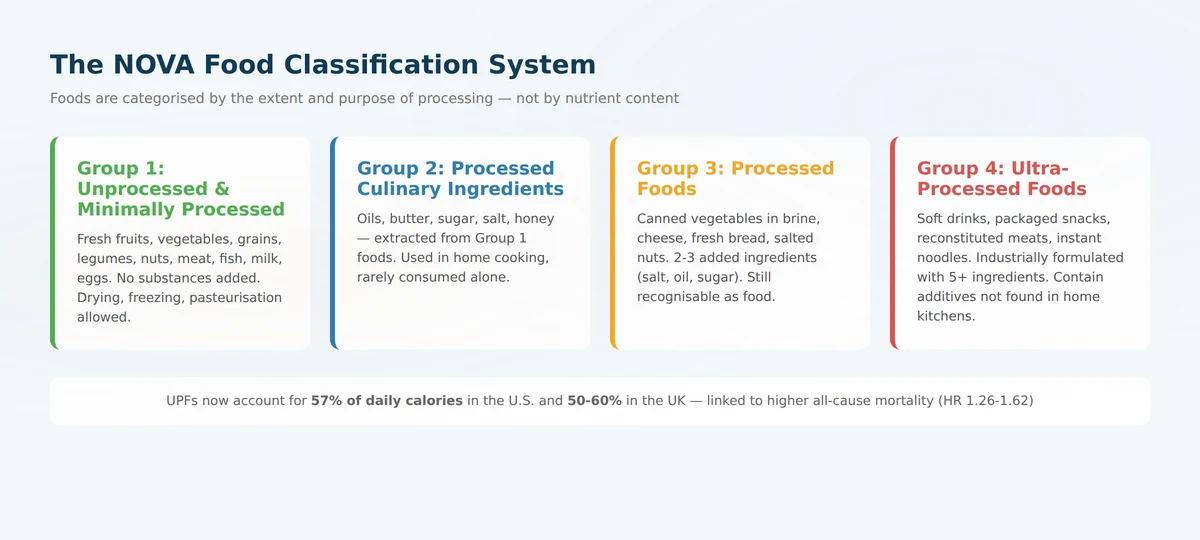NOVA food classification system showing four food groups from unprocessed to ultra-processed